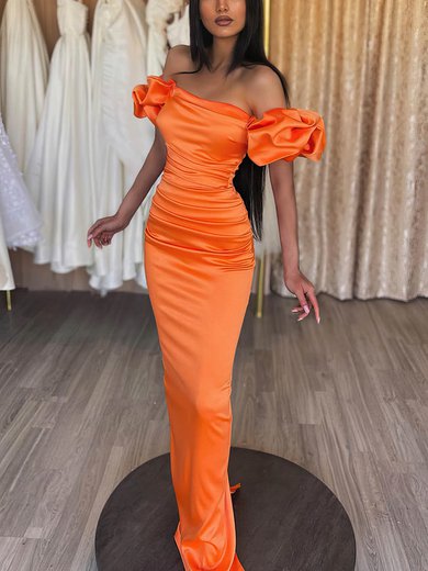 Orange Off Shoulder Ruched Satin Dress PT020115669
