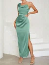 Green Draped Collar Cut Out Satin Split Bodycon Maxi Dress PT02025163