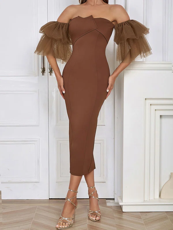 Off Shoulder Ruffle Trim Split Back Bodycon Midi Dress PT02025180