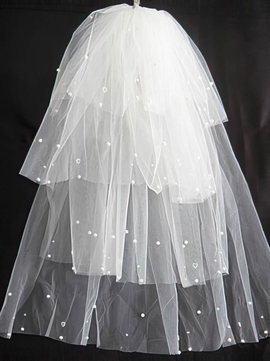 Four-tier Tulle Elbow Wedding Veils with Pearls #03010032