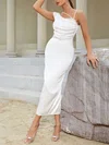White Asymmetrical Shoulder Ruched Satin Split Back Bodycon Maxi Dress PT02025287