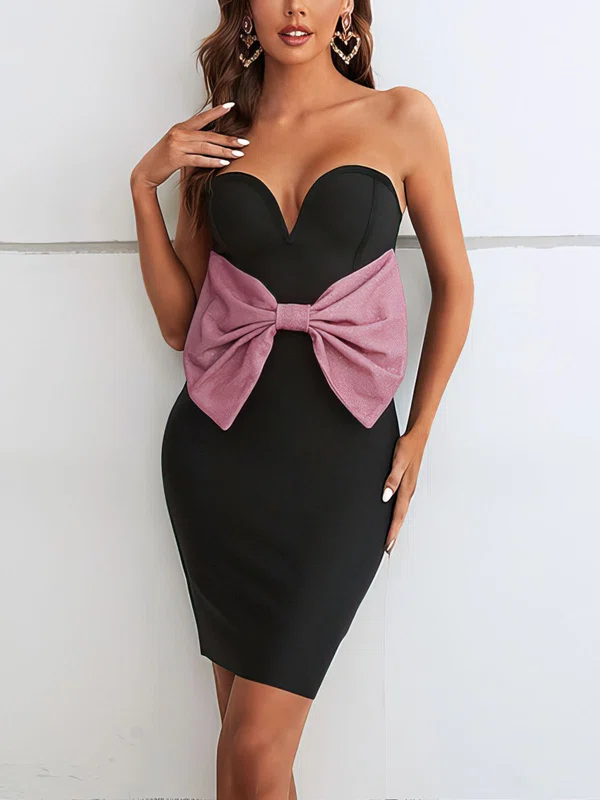 Unique Black Stretch Crepe Bodycon Sweetheart Bow Midi Dress PT02025322