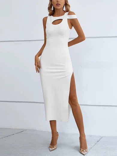 Elegant White Stretch Crepe Sheath/Column Cut Out Midi Dress PT02025349