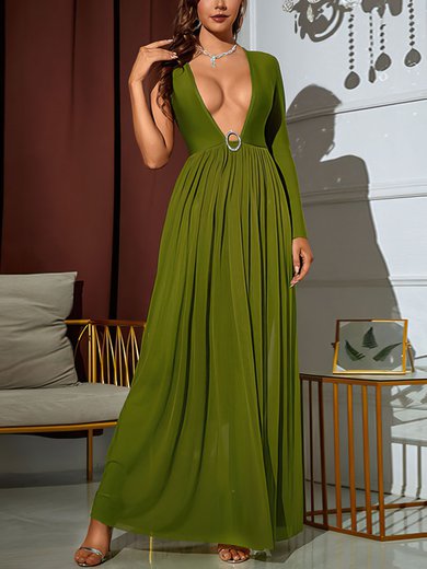 Green Deep V Neck Long Sleeve Maxi Dress PT02025354