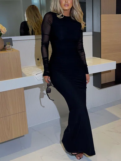 Black Long Sleeve Ruched Maxi Dress PT02025473