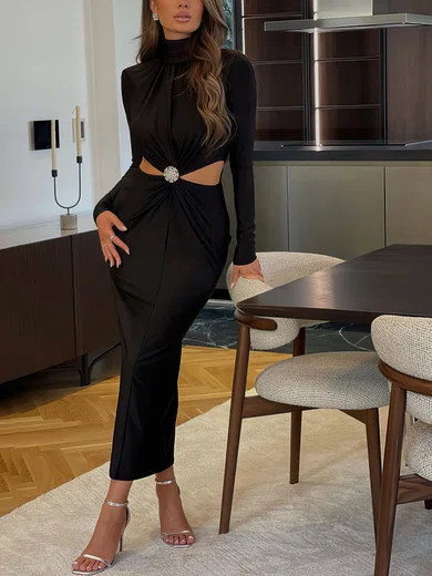 Black Long Sleeve High Neck Ruched Maxi Dress PT02025478