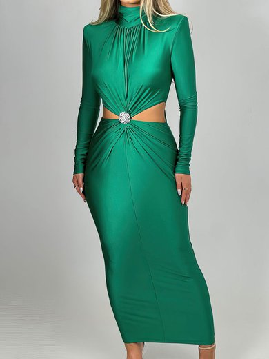 Green Long Sleeve High Neck Ruched Maxi Dress PT02025479