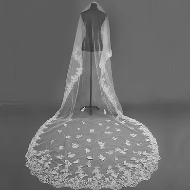 One-tier Tulle Cathedral Wedding Veils with Lace Applique Edge #03010048