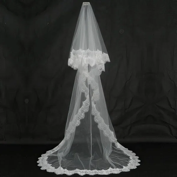 One-tier Tulle Chapel Wedding Veils with Lace Applique Edge #03010051