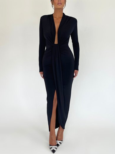 Black Long Sleeve Deep V Neck Ruched Maxi Dress PT02025559