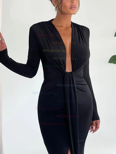 Black Long Sleeve Deep V Neck Ruched Maxi Dress millybridal