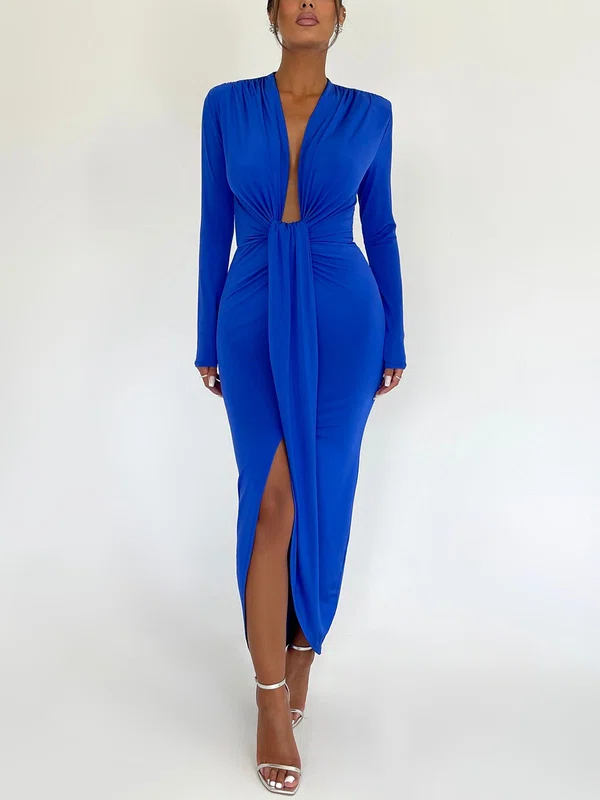 Long Sleeve Deep V Neck Ruched Maxi Dress PT02025562