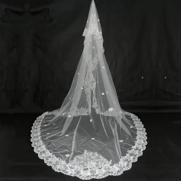 One-tier Tulle Cathedral Wedding Veils with Finished/Lace Applique Edge #03010055