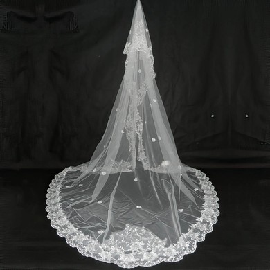 One-tier Tulle Cathedral Wedding Veils with Finished/Lace Applique Edge #03010055