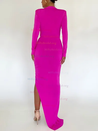 Fuchsia Long Sleeve Deep V Neck Ruched Maxi Dress