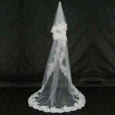 One-tier Tulle Chapel Wedding Veils with Lace Applique Edge #03010056