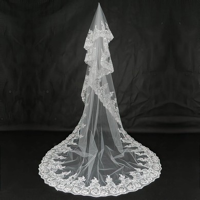 One-tier Tulle Cathedral Wedding Veils with Lace Applique Edge #03010057