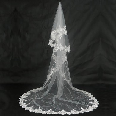 One-tier Tulle Cathedral Wedding Veils with Lace Applique Edge #03010058