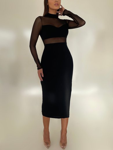 Black Long Sleeve High Neck Midi Dress PT02025686