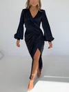 Black Satin Long Sleeve Ruched Corset Maxi Dress PT02025698