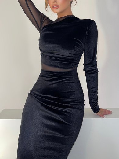 Black Velvet Long Sleeve High Neck Ruched Maxi Dress PT02025699