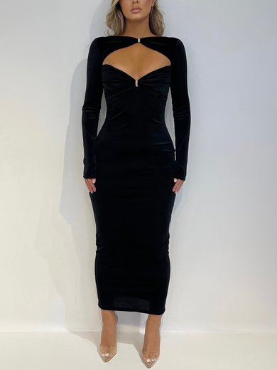 Black Velvet Long Sleeve Ruched Maxi Dress PT02025706
