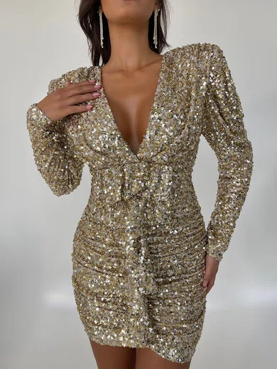 Sparkly Bodycon Sequin V-neck Long Sleeve Mini Dress PT02025710