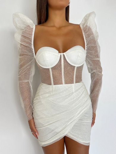 White Glitter Long Sleeve Ruched Mini Dress PT02025717