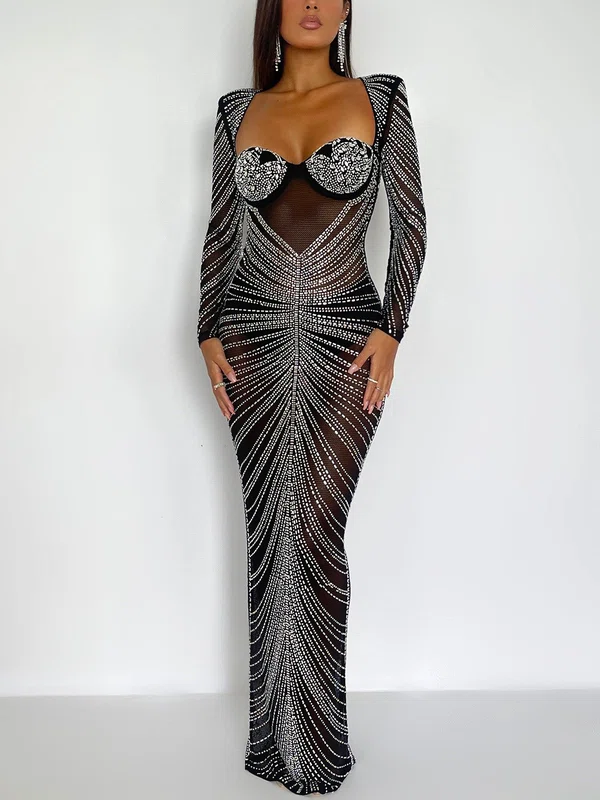 Black Mesh Diamante Long Sleeve Maxi Dress PT02025749