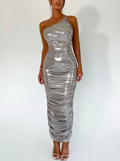 Ruched Metallic One Shoulder Split Back Maxi Dress PT02025760