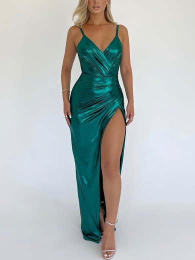 Green Deep V Neck Ruched Metallic Split Maxi Dress PT02025762