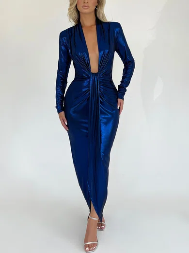 Deep V Neck Ruched Metallic Long Sleeve Maxi Dress PT02025764