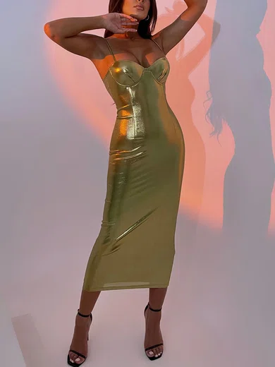 Gold Metallic Bodycon Midi Dress PT02025778