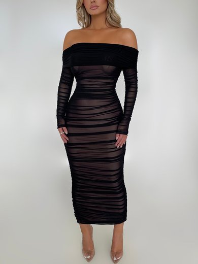Black Ruched Mesh Split Back Long Sleeve Maxi Dress PT02025794