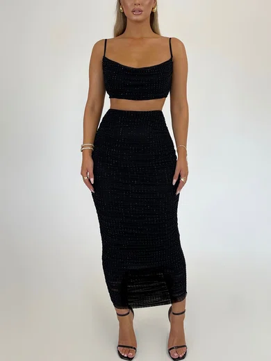 Black Ruched Draped Collar Diamante Maxi Dress PT02025807