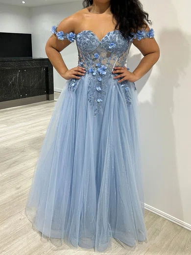 Ball Gown Off-the-shoulder Tulle 3D Floral Prom Dresses With Appliques #Milly020117839