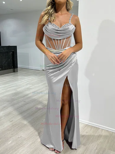 Sheath Column Satin Beading Silver Prom Dress With Slit Sheath Column Satin Beading Silver Prom Dress With Slit