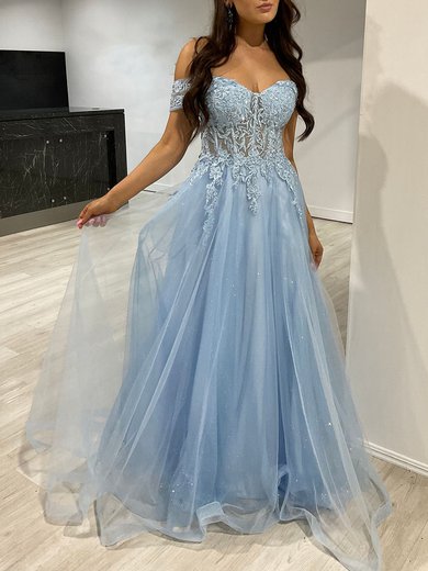 Ball Gown/Princess Off-the-shoulder Tulle Glitter Floor-length Prom Dresses With Appliques Lace #Milly020117852