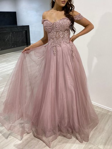 Ball Gown/Princess Off-the-shoulder Tulle Glitter Floor-length Prom Dresses With Appliques Lace #Milly020117853