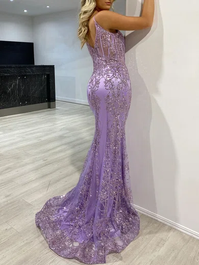 Trumpet/Mermaid V-neck Tulle Sweep Train Prom Dresses With Sequins #Milly020117809