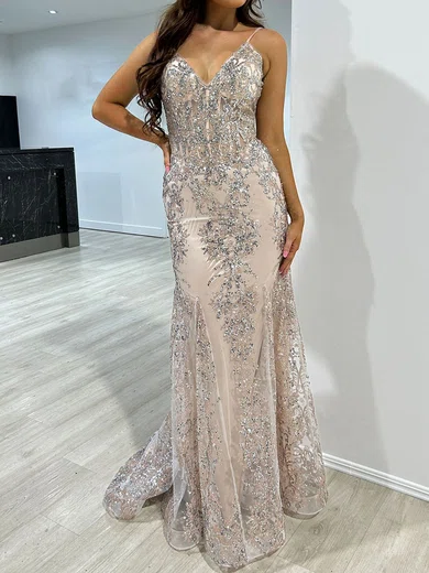Mermaid V-neck Sparkly Sequin Prom Dresses With Appliques #Milly020117810