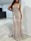 Trumpet/Mermaid V-neck Tulle Sweep Train Prom Dresses With Sequins #Milly020117810