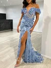 Trumpet/Mermaid Off-the-shoulder Lace Tulle Sweep Train Prom Dresses With Flower(s) #Milly020117811