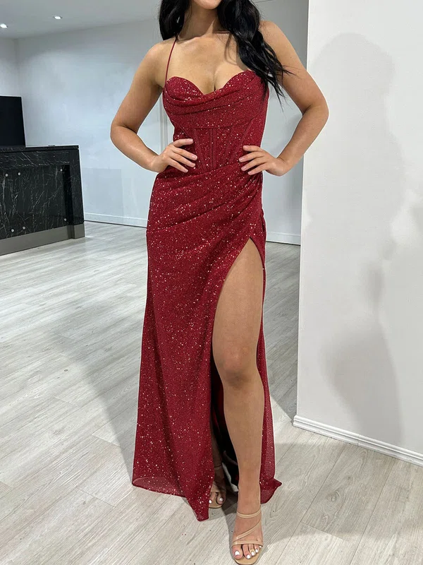 Sheath/Column Cowl Neck Floor-length Glitter Prom Dresses With Ruched #Milly020117824