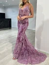 Trumpet/Mermaid V-neck Glitter Sweep Train Prom Dresses With Beading #Milly020117830