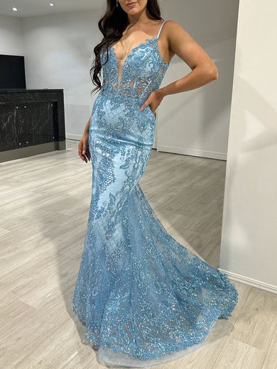Trumpet/Mermaid V-neck Glitter Sweep Train Prom Dresses With Beading #Milly020117831