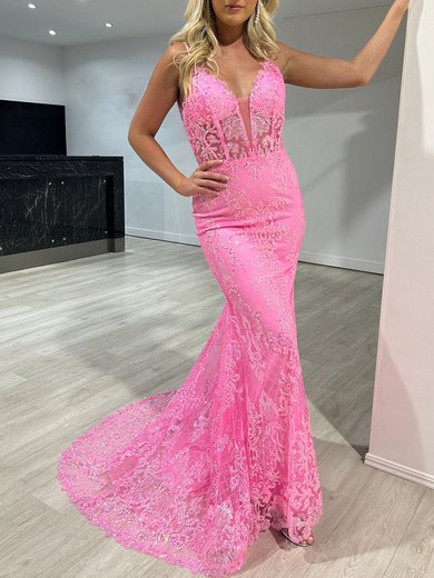 Trumpet/Mermaid V-neck Glitter Sweep Train Prom Dresses With Beading #Milly020117832