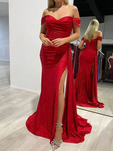 Mermaid Off-the-shoulder Glitter Prom Dresses With Ruched #Milly020117833