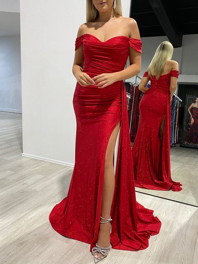 Trumpet/Mermaid Off-the-shoulder Shimmer Crepe Sweep Train Prom Dresses With Ruched #Milly020117833