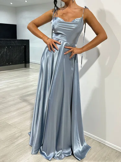 A-line Cowl Neck Floor-length Satin Prom Dresses With Split #Milly020117876